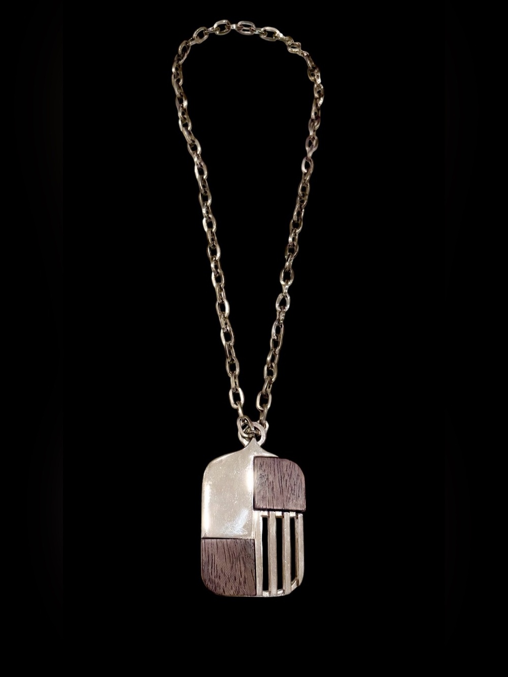 Mod MidCentury Pendant Teak Stainless Steel Scandinavian Abstract Medallion